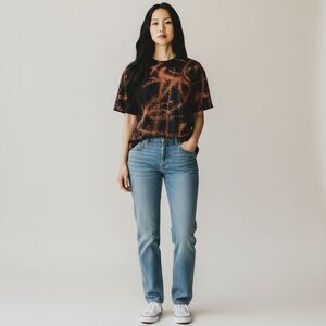 Black Short Sleeve 100% Cotton Tee Shirt Bleached Tie Dye crewneck Size XL